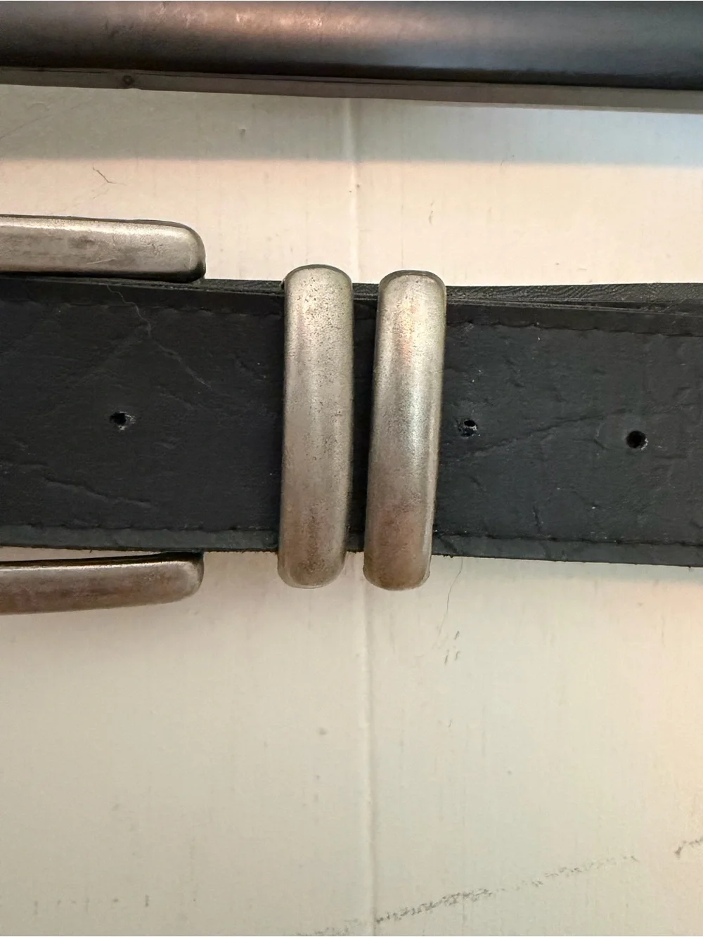 Unisex black belt with modern, brutalist silver buckle and details